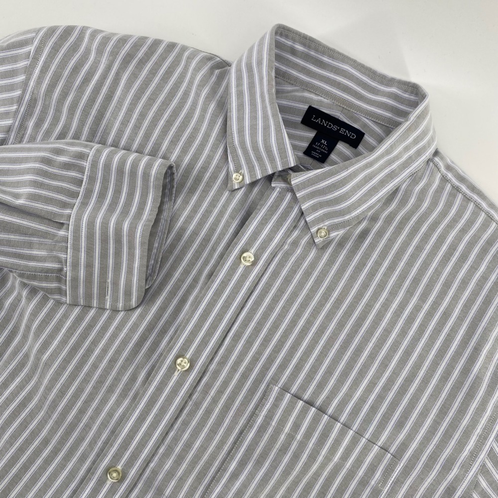 Lands End Mens XL Grey White Striped Traditional Fit Oxford Button Down Shirt